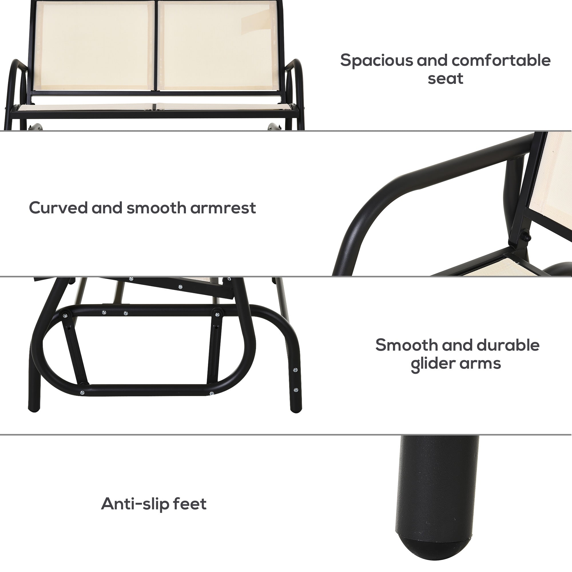 Outsunny Patio Double Glider Outdoor Steel Sling Fabric Gliding Bench Garden Swing Chair Heavy-Duty Porch Rocker Garden Loveseat Cream