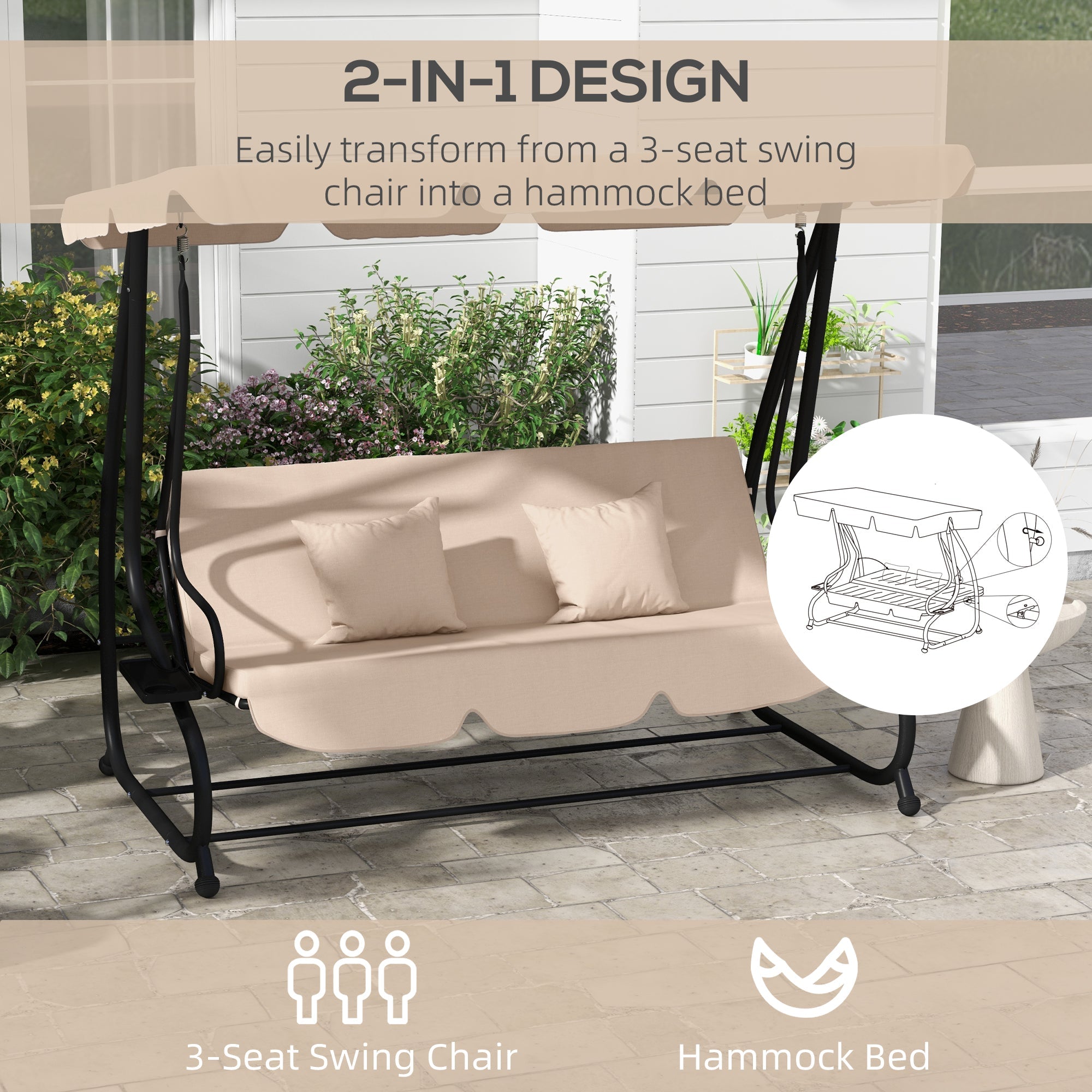 Outsunny 3-Seat Outdoor Patio Swing Chair, Converting Flat Bed, Canopy Swing with Adjustable Shade, Removable Cushions, Cup Holder, Light Brown