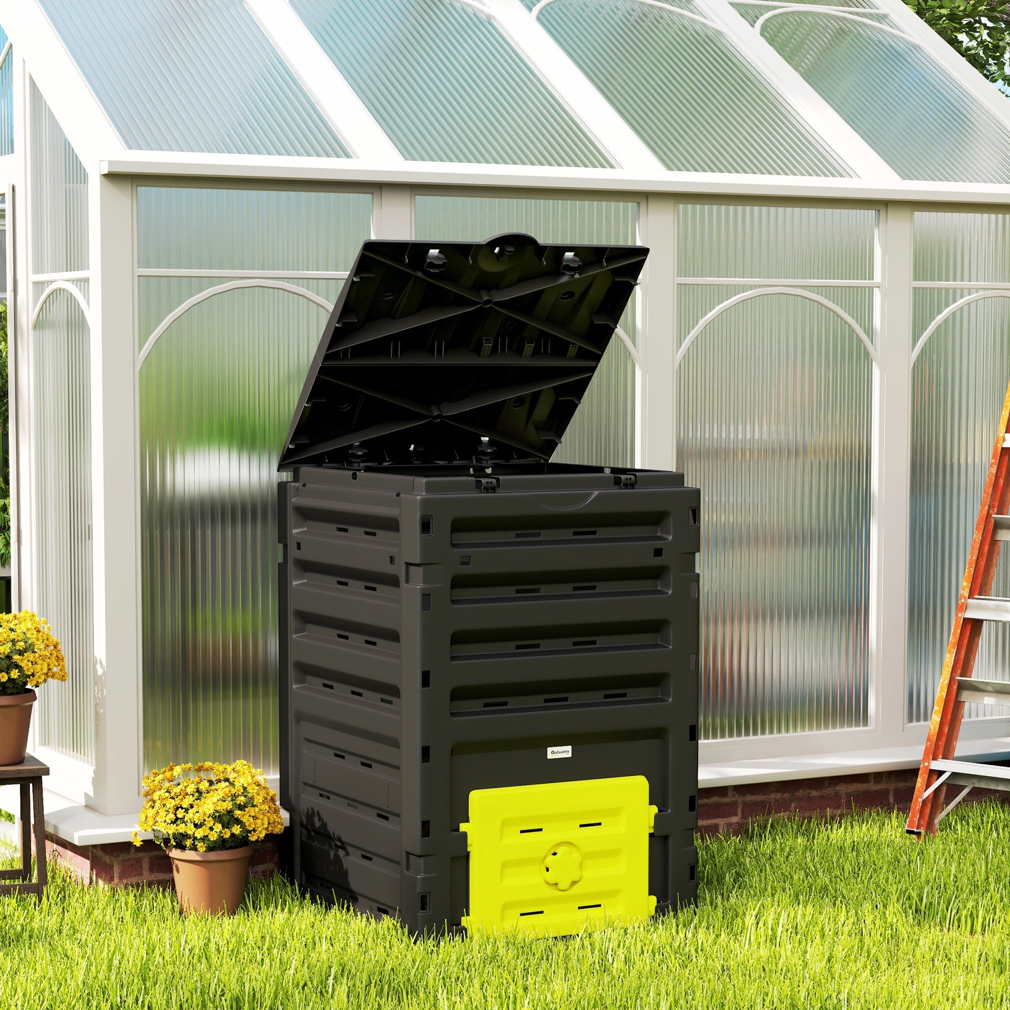 Outsunny Compost Bin, Garden Composter with 80 Vents and 2 Sliding Doors, 120 Gallon (450L), Yellow