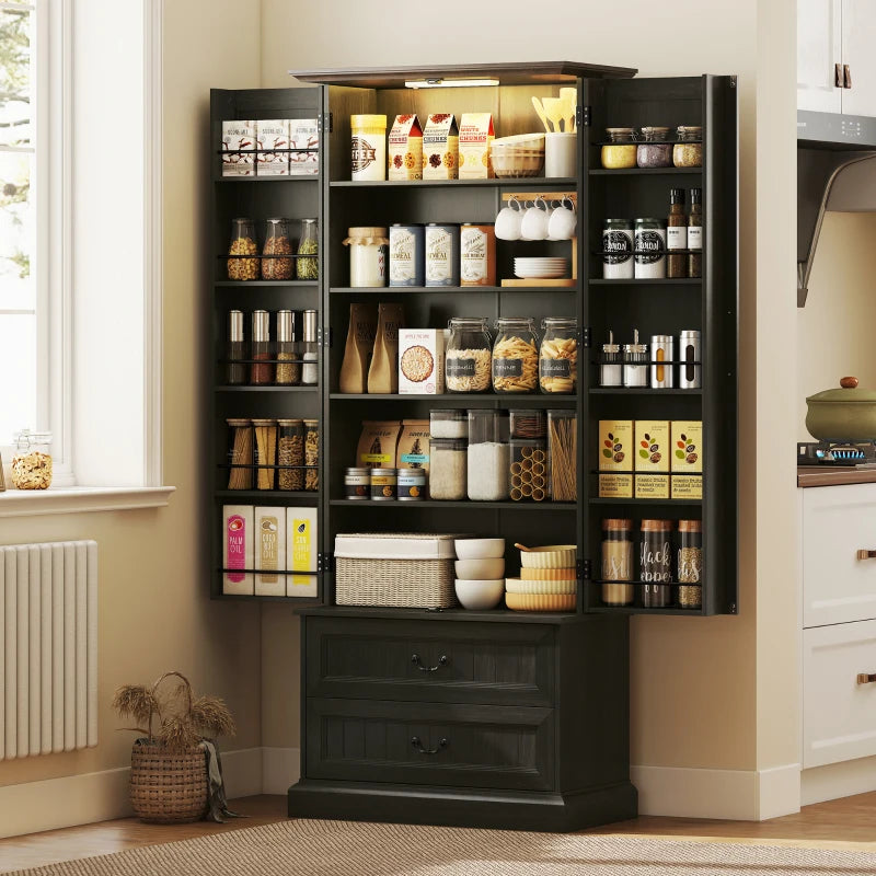 72" LED Kitchen Pantry Cabinet, Buffet Storage Cabinet with 10 Door Shelves, 2 Drawers and Adjustable Shelves, Black
