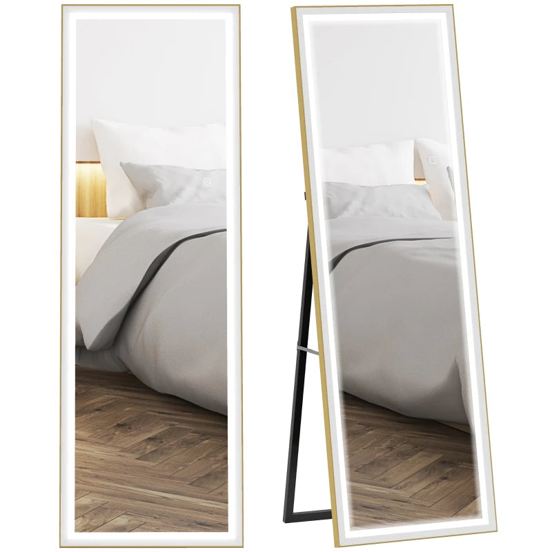 LED Mirror with Dimmable and 3 Colour Lights, 64" x 21" Rectangular Floor Mirror for Bedroom Living Room, Gold