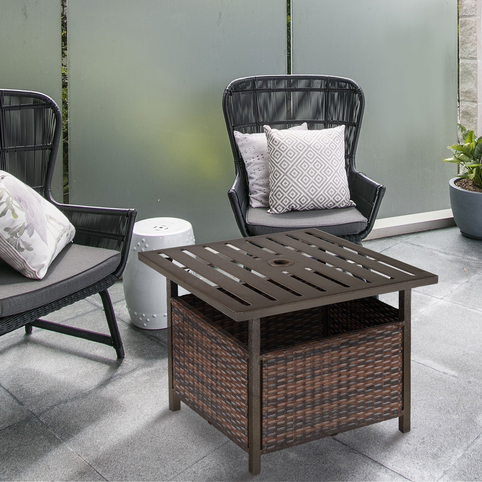 Outsunny Rattan Wicker Patio Coffee Table Outdoor Furniture with Umbrella Hole for Garden Backyard Brown