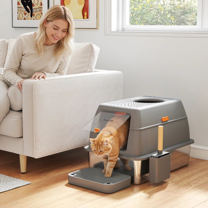 XL Stainless Steel Cat Litter Box, 80L Kitty Litter Box with Front/Top Entry, Trapping Step, Scoop, for Large Big Cats