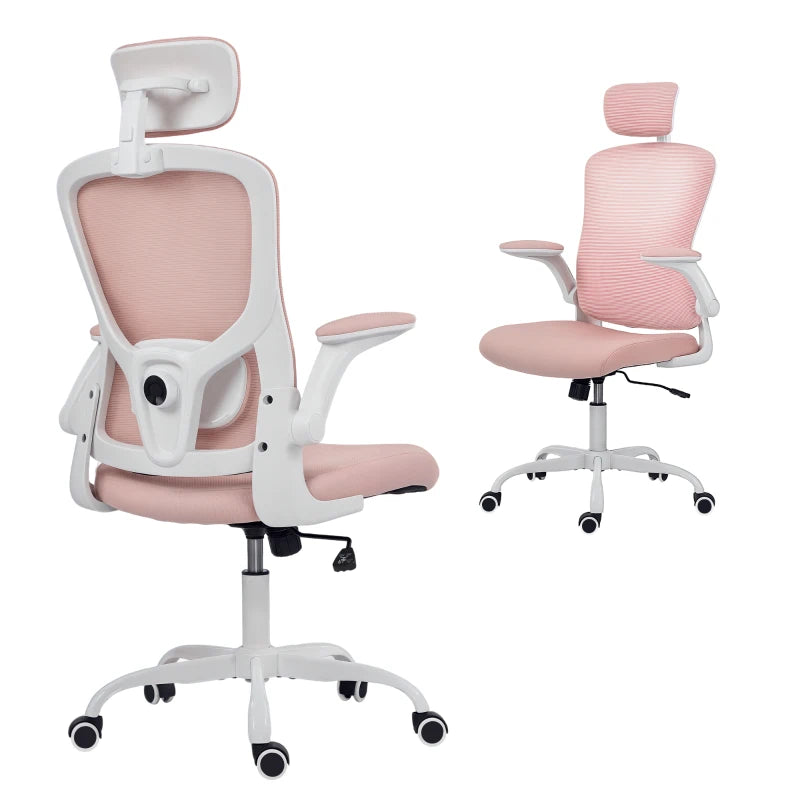 Ergonomic Office Chair, Mesh Desk Chair with Adjustable Headrest, Lumbar Support and Height, Flip-Up Armrests, Pink