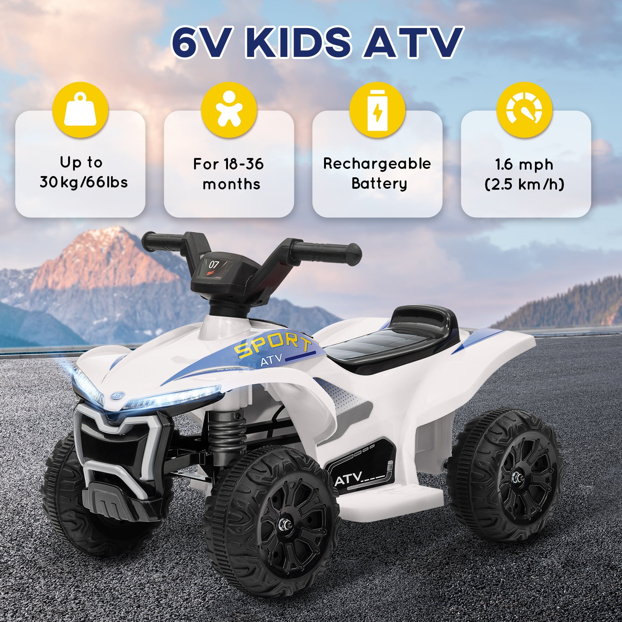 Qaba Kids ATV, 6V Battery Powered Electric Vehicle with Headlights, Forward/Reverse Switch for 18-36 Months, White