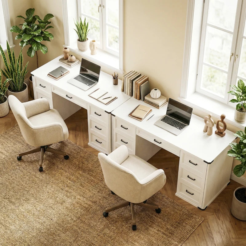 55" Computer Desk with 7 Drawers, Farmhouse Executive Desk for Home Office, Study, Bedroom, White Wood Grain