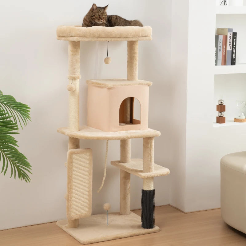 52 Inch Cat Tree with Scratching Posts, Cat Bed, Condo, Grooming Brush, Jumping Platforms, Toy Balls, Anti-tip Kit