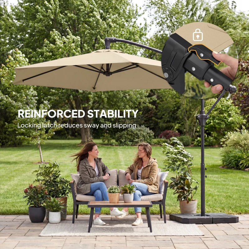 9.7 ft Offset Patio Umbrella with Water/Sand Fillable Weights, Garden Hanging Parasol with Locking Latch, Khaki