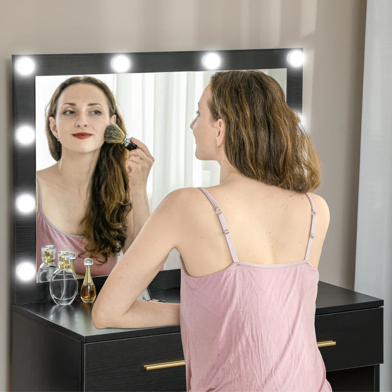 HOMCOM Makeup Vanity Desk Set with Stool, LED Lighted Mirror, 2 Drawers, Modern Dressing Table