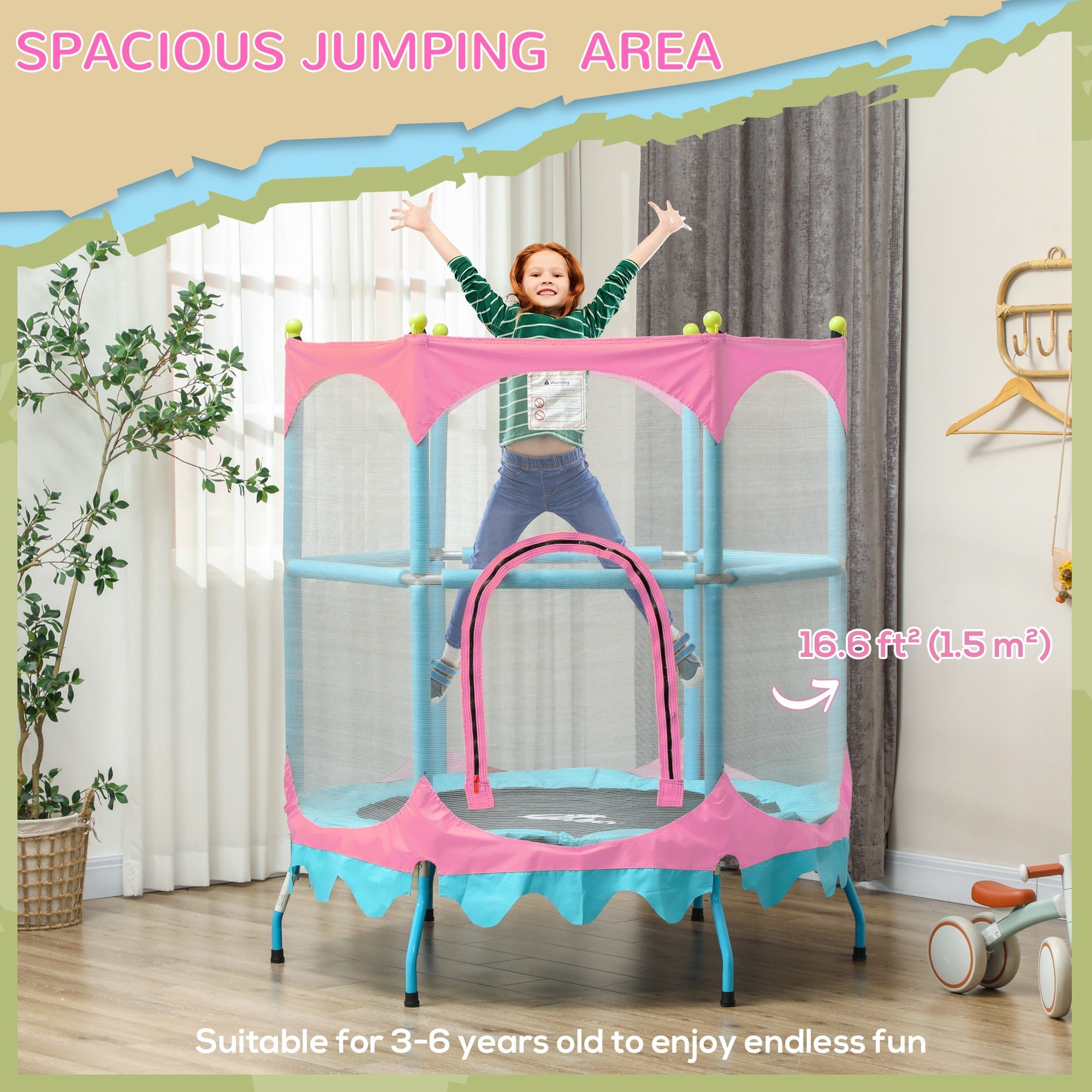 Qaba Trampoline for Kids, 4.6FT Mini Toddler Trampoline Indoor Outdoor with Handlebar, Safety Enclosure Net, Pink