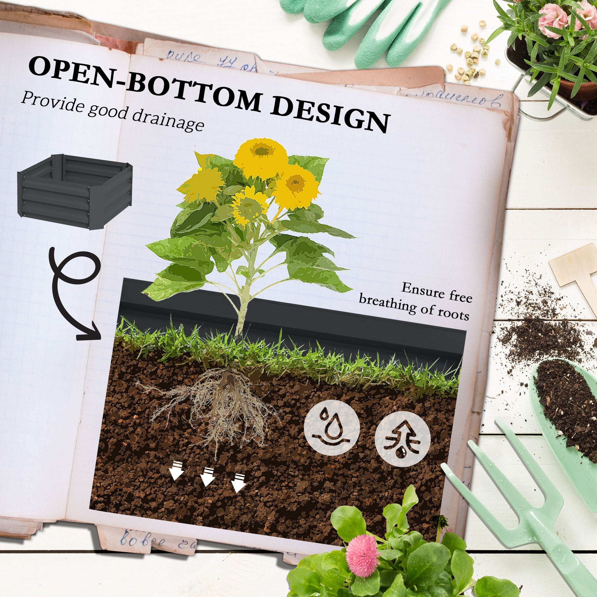 Outsunny Galvanized Planter Box with 3-Tier Trellis in Grey - Outdoor Raised Garden Bed for Climbing Vines & Vegetables