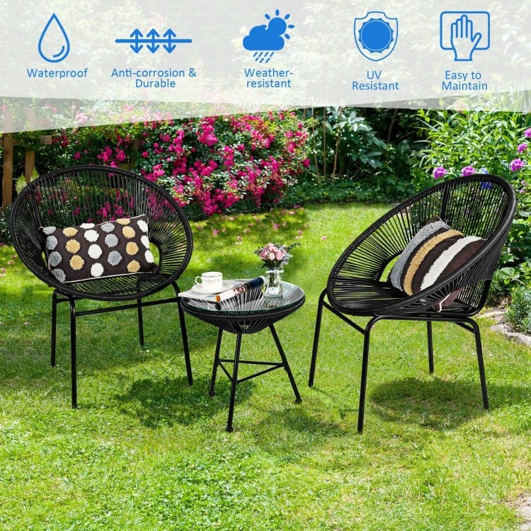 3PCS Patio Acapulco Furniture Bistro Set with GlassTable-Black