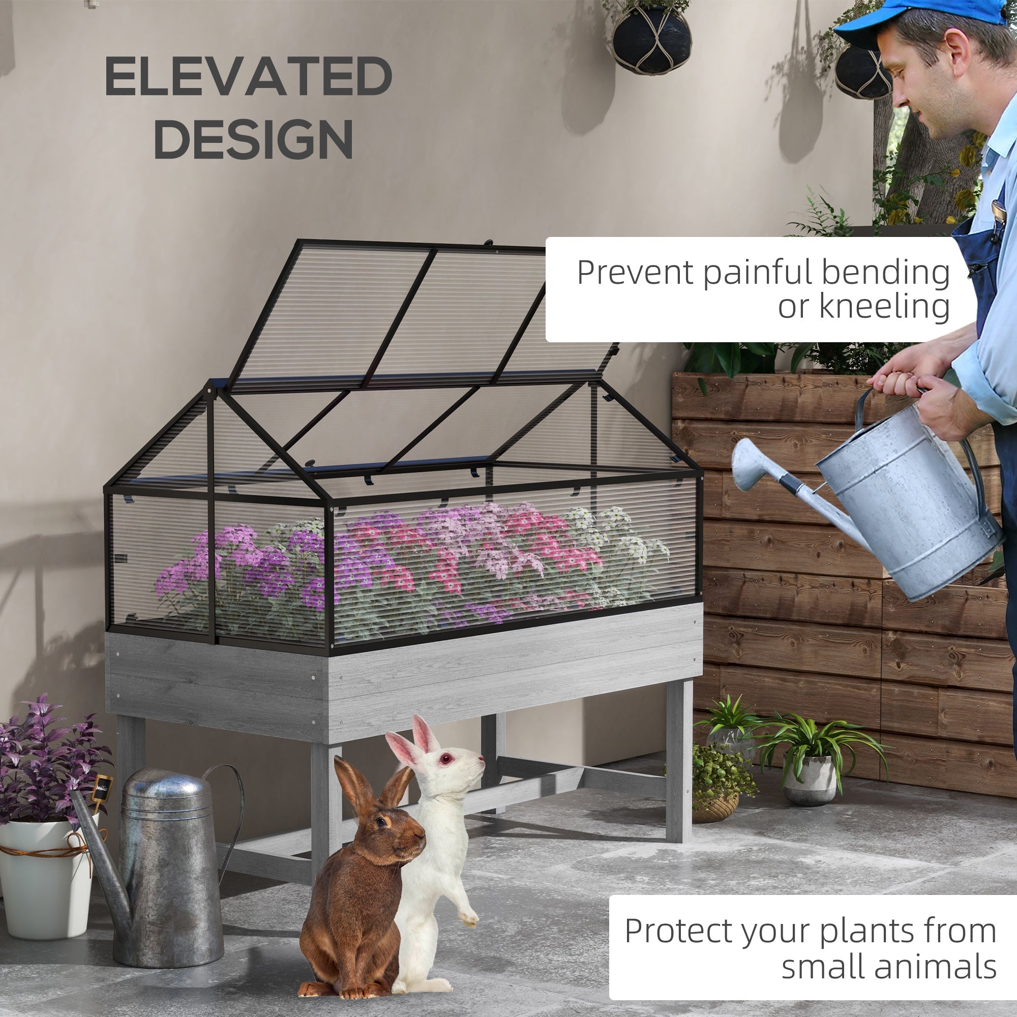Outsunny Elevated Planter Box with Cold Frame Greenhouse in Distressed Grey - Wood Raised Garden Bed for Vegetables & Flowers