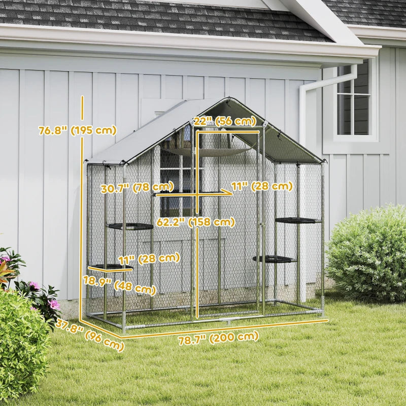 Large Catio Outdoor Cat Enclosure with Waterproof Cover, Walk-in Cat Patio w/ 5 Adjustable Platforms & Hammock