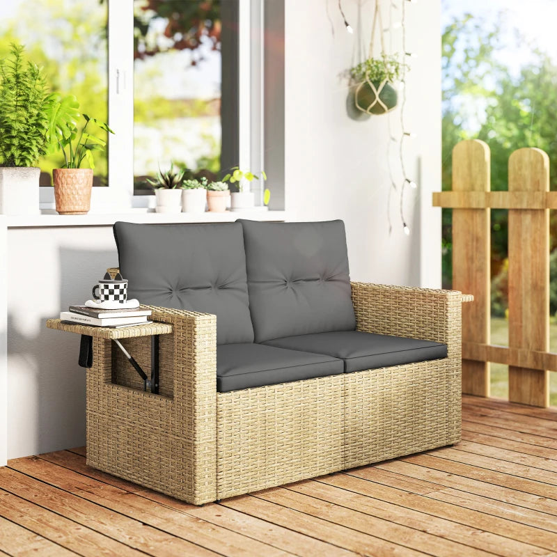 Wicker Outdoor Sofa with Side Trays, Rattan Patio Loveseat with Cushions for Garden Balcony, Light Grey