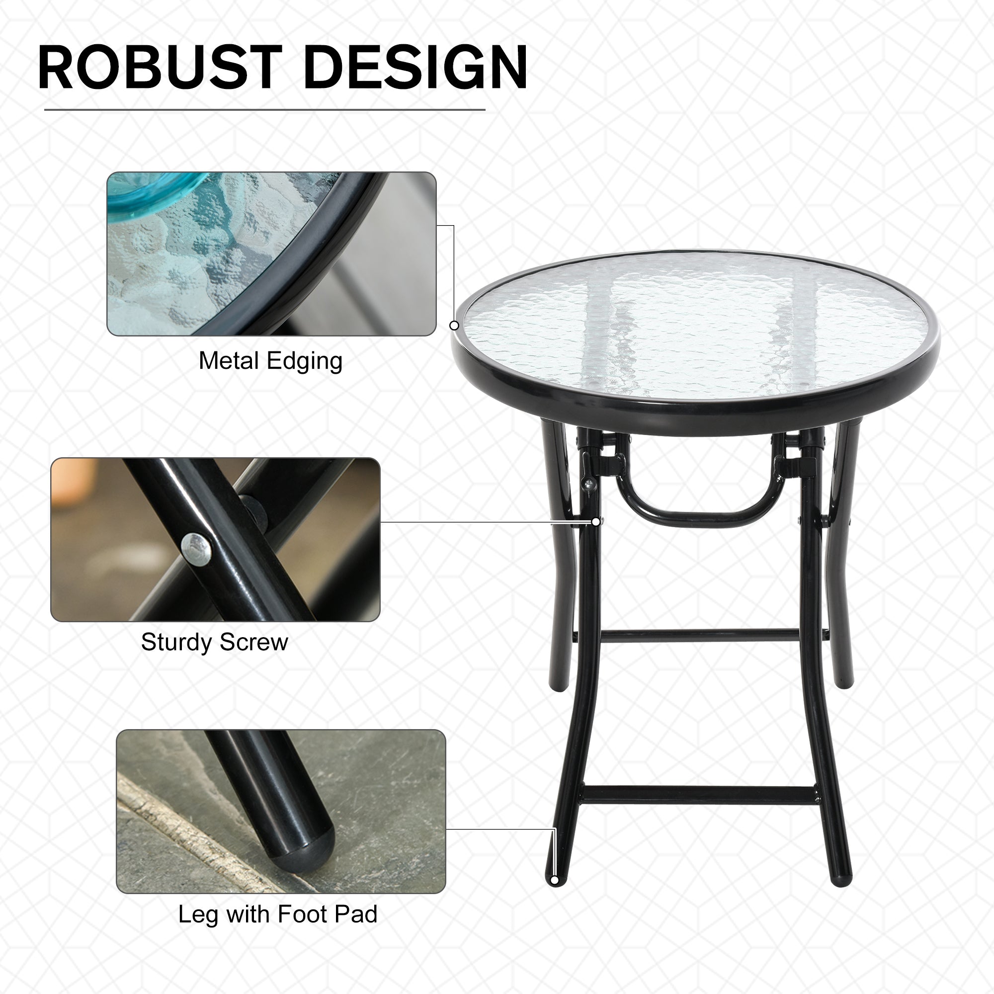 Outsunny Compact Foldable Garden Table Φ17.75" Round Dining Safety Buckle Glass Top Metal Edge Outdoor Furniture