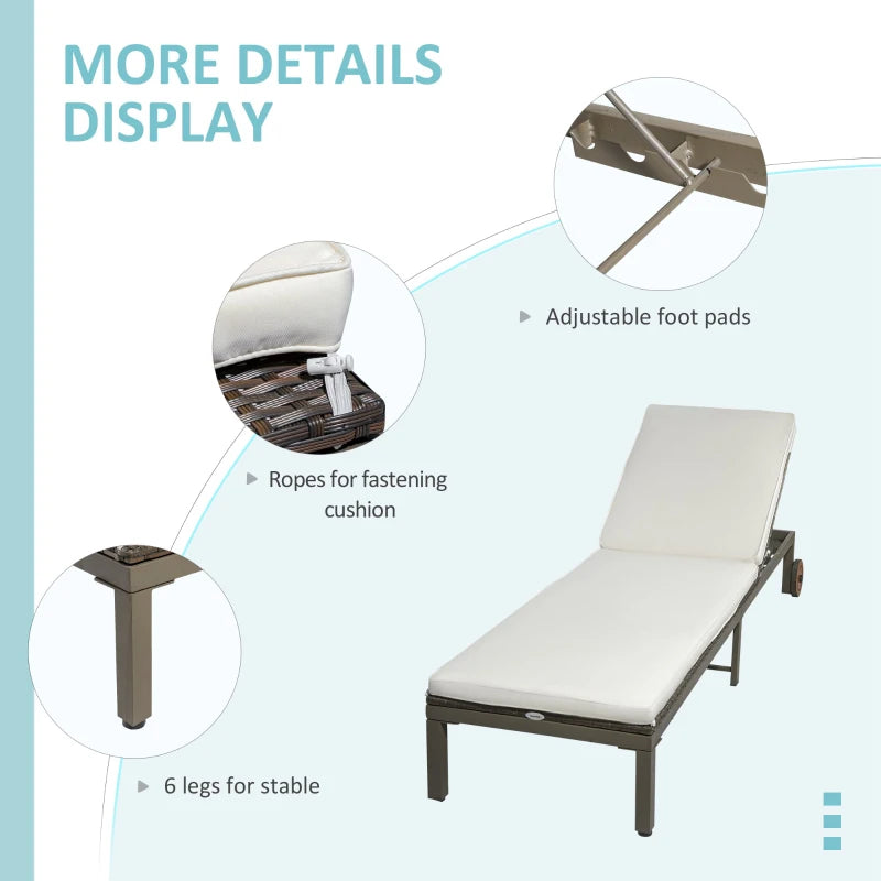 Patio Rattan Sun Lounger with 4-Level Adjustable Backrest and Wheels, Wicker Chaise Lounge Chair with Cushion, for Patio, Deck, Poolside Cream White