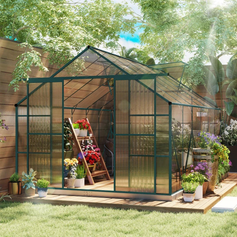 Aluminium Greenhouse Polycarbonate Walk-in Garden Greenhouse Kit with Adjustable Roof Vent, 8 x 12ft, Green