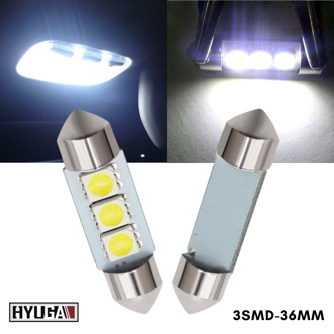 36MM 3SMD LED Dome Reading License Trunk Door Light 12V White with Polarity HYUGA (2 Bulbs)