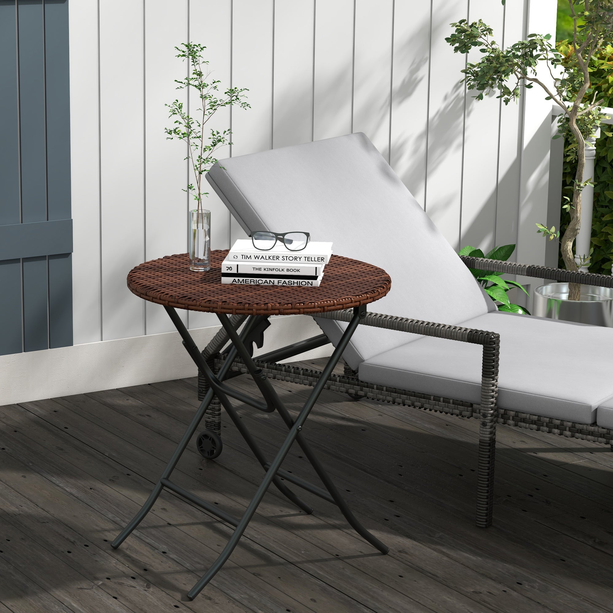 Outsunny Foldable Rattan Side Table Outdoor PE Wicker End Table Φ23.6" x 27.6" H Brown Patio Furniture