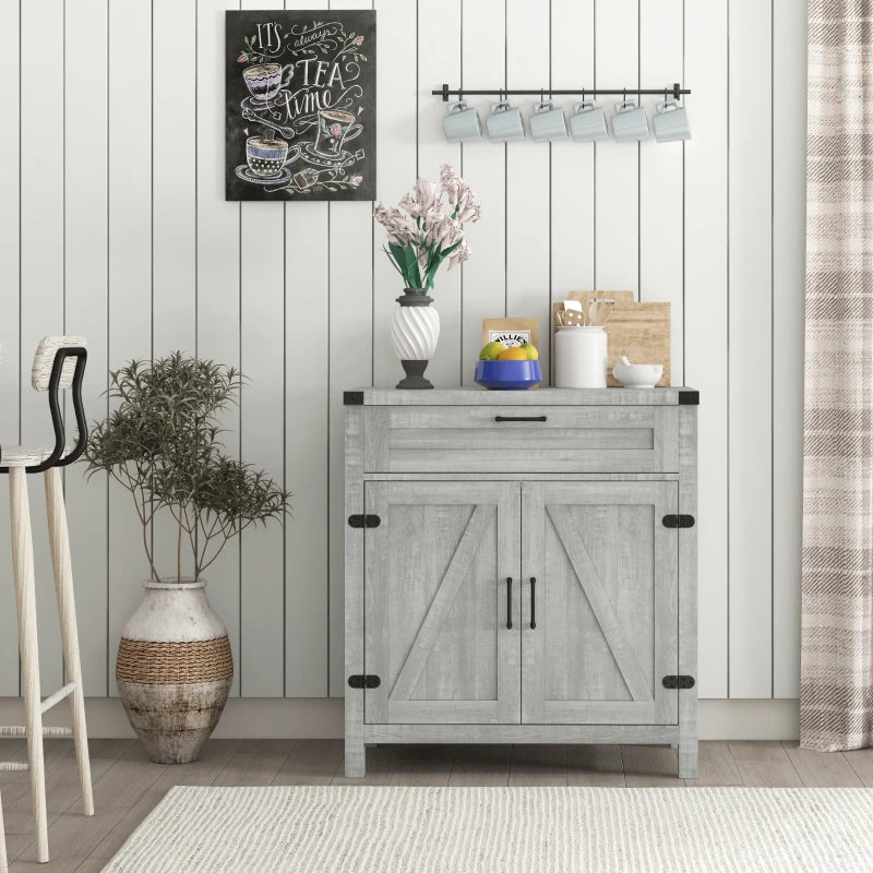Farmhouse Kitchen Storage Cabinet, Sideboard Buffet Cabinet with 2 Rustic Barn Doors and Drawer, Grey