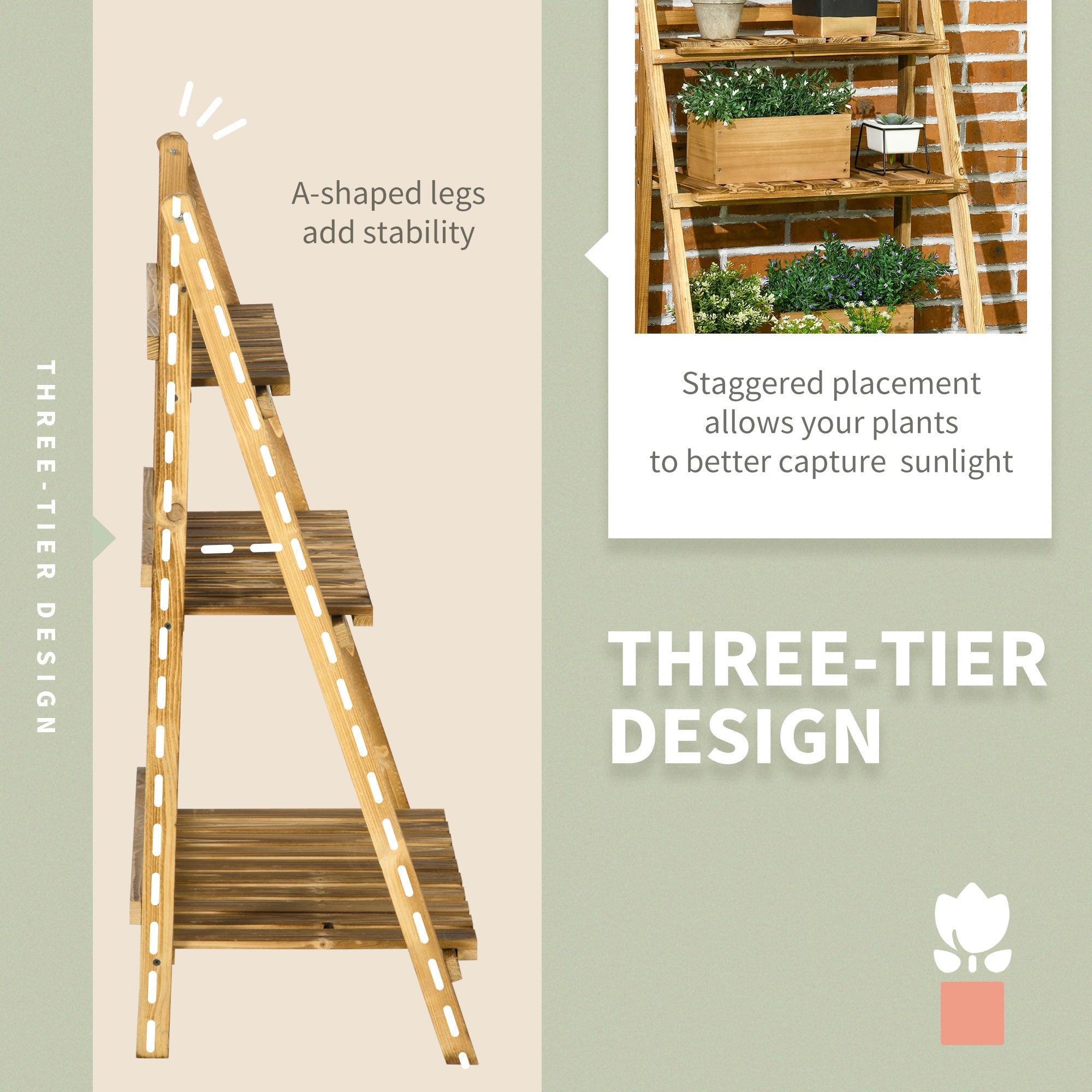 Outsunny Foldable 3-Tier Wooden Plant Stand, 24"x14"x37", for Garden & Indoor Use - Display Plants Beautifully