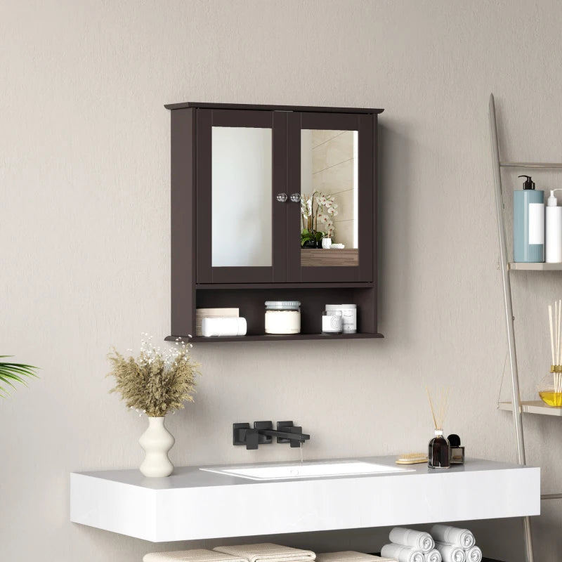 Medicine Cabinet, Wall-Mounted Bathroom Mirror Cabinet with Double Doors, Open Shelf, and Adjustable Shelf, Modern Bathroom Wall Cabinet, Dark Brown