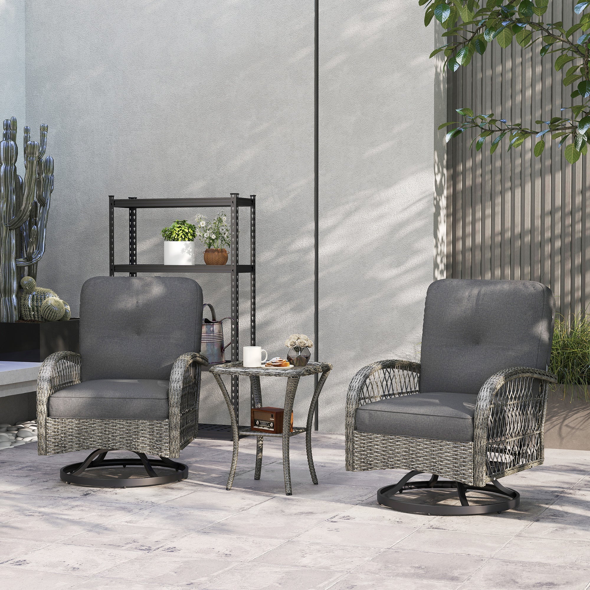 Outsunny Wicker Balcony Furniture with 2 Swivel Glider Chairs and 2-Tier Glass Coffee Table, 3 Piece Patio Set for Porch, Grey