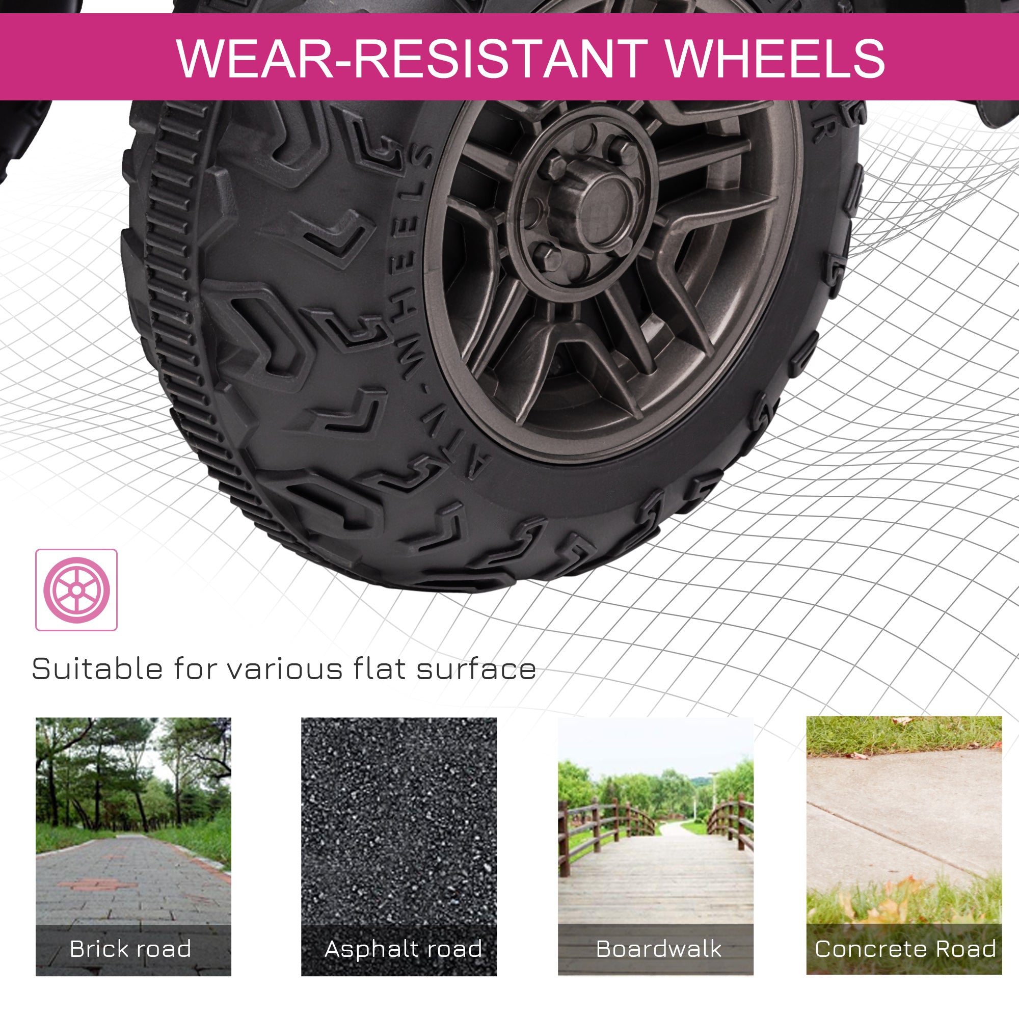 Aosom Kids ATV: 12V, 4 Wheeler Quad, Battery Powered, Music, LED Lights, Treaded Tires, 3-5 Years, Pink