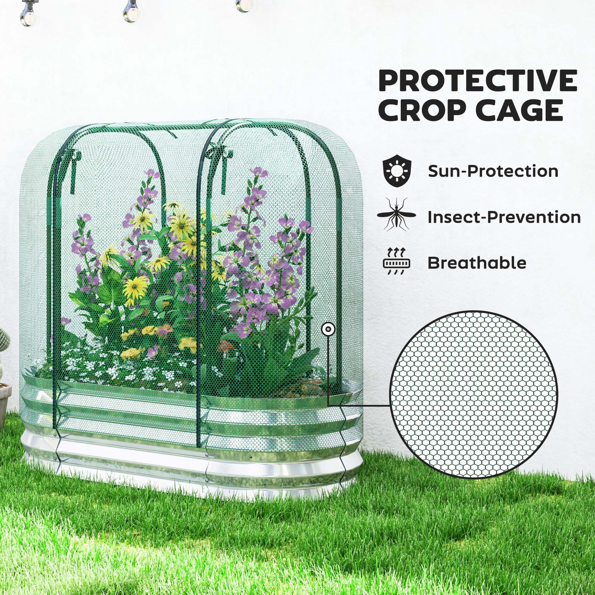 Outsunny Galvanized Raised Garden Bed with Crop Cage Protection Net Cover, Outdoor Planter Box for Vegetables, Flowers, Herbs