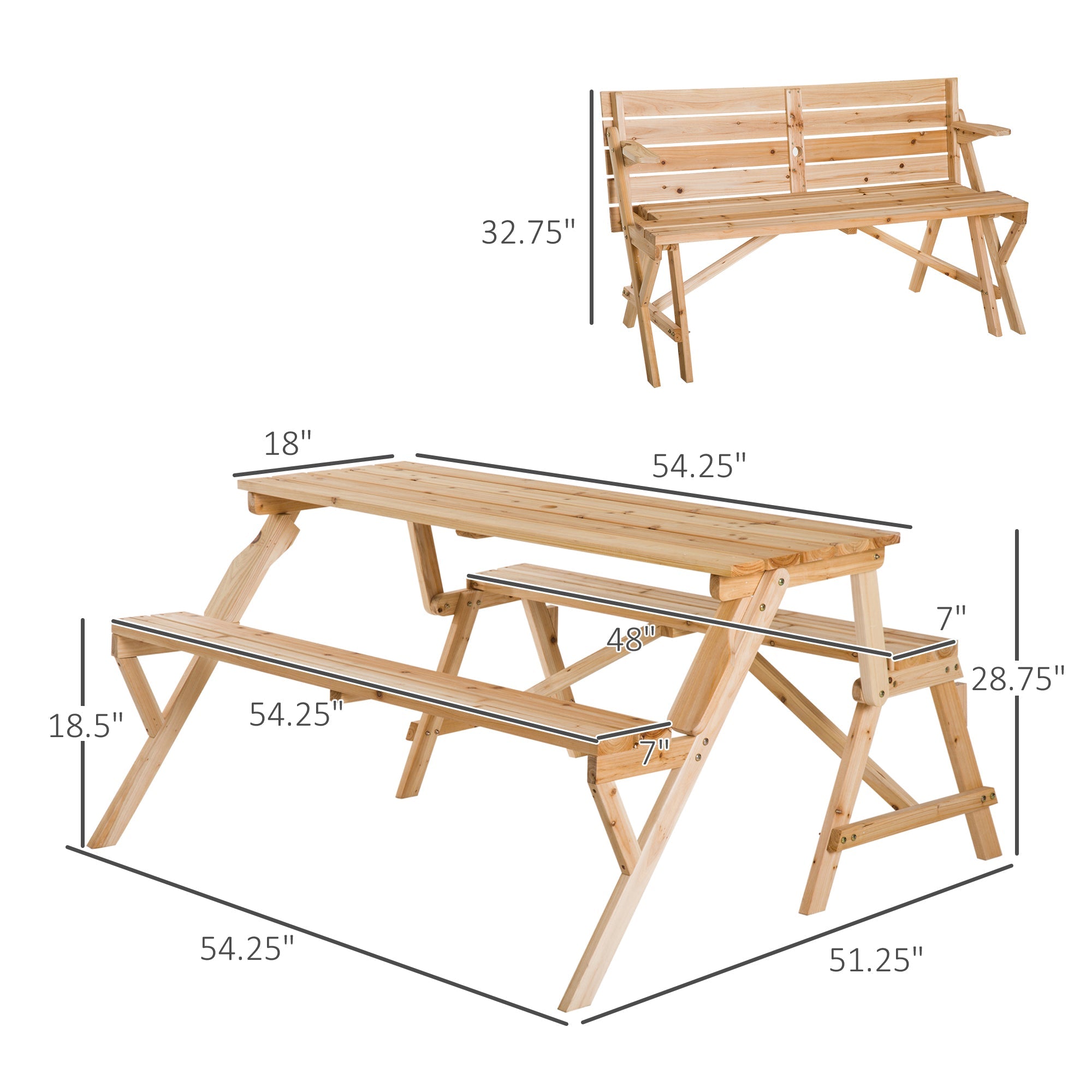 Outsunny Wood Picnic Table Convertible Patio Garden Bench 2 in 1 Outdoor Leisure Nature
