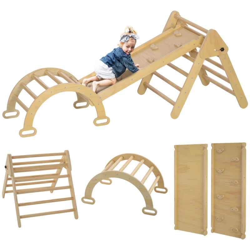 Qaba 5 in 1 Pikler Triangle Set with Ladder, Ramp, Arch, for 18-48 months, Nature Wood