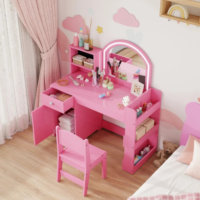 Qaba Kids Vanity Set, Toddler Dressing Table and Chair Set with Lighted Mirror, Cabinet, Drawer and Shelves, Pink