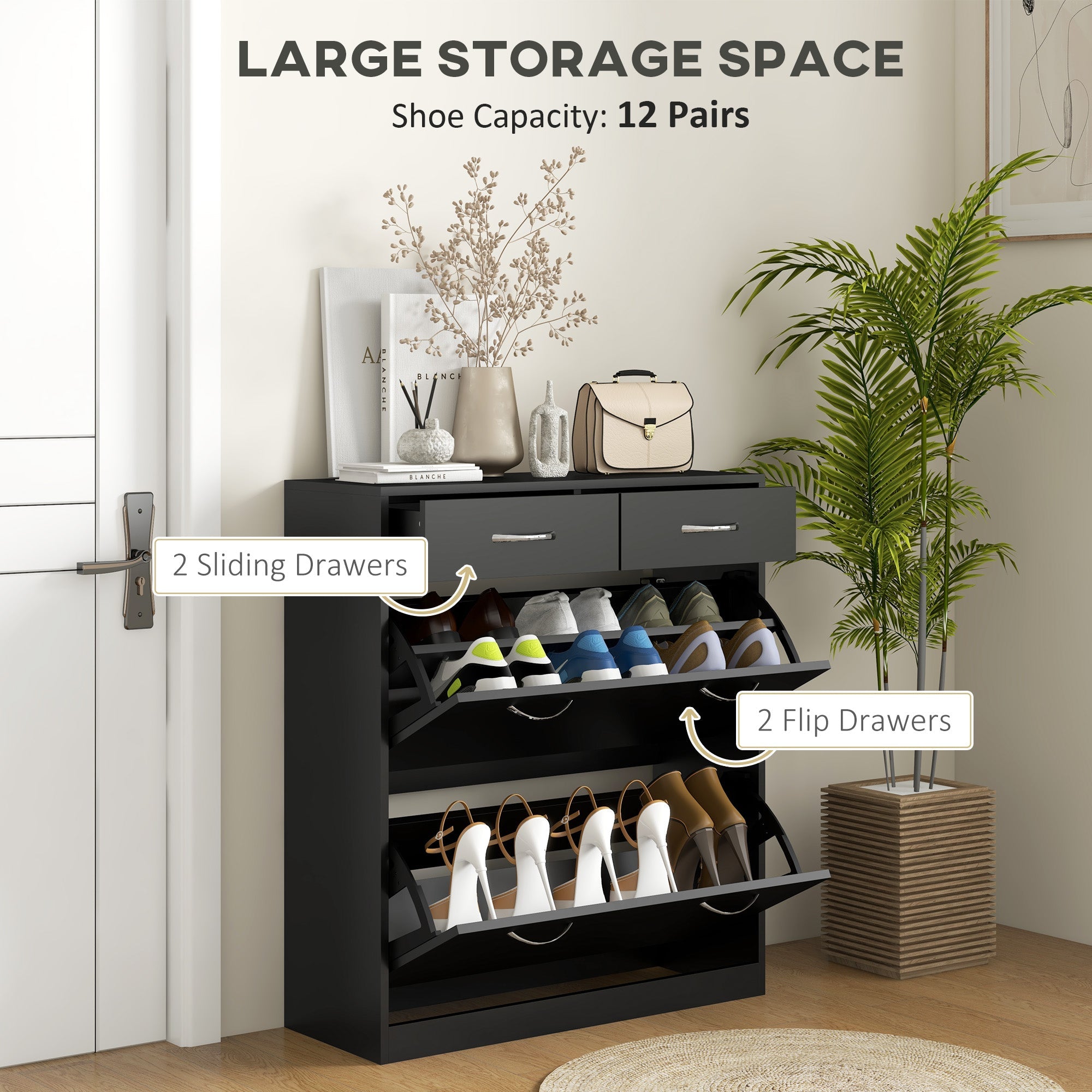 HOMCOM Shoe Storage Cabinet 12 Pairs Adjustable Shelves 2 Drawers Space Saving Compact Black