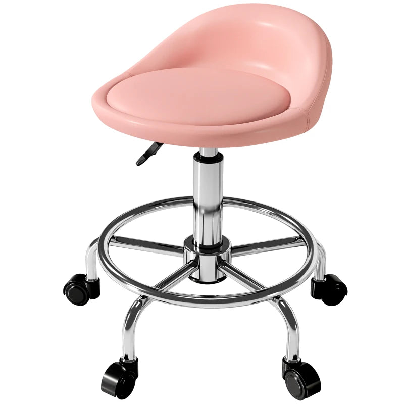 PU Leather Rolling Stool, Height Adjustable Swivel Salon Chair with Backrest and Foot Rest for Spa, Tattoo, Pink
