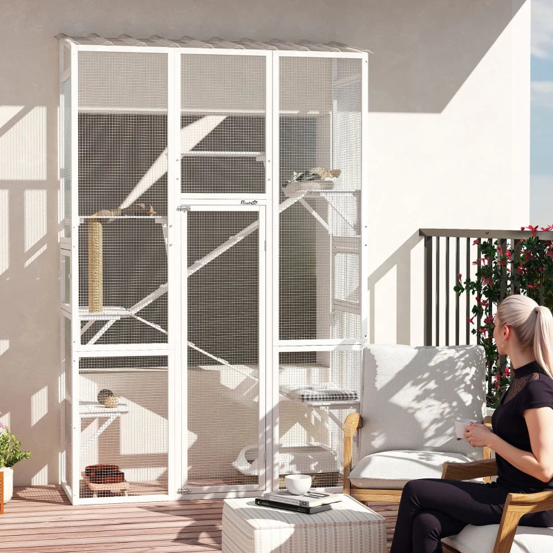 Wooden Catio Outdoor Cat Enclosure with 6 Jumping Platforms, Scratching Post, 2 Ramps, Waterproof Roof, White