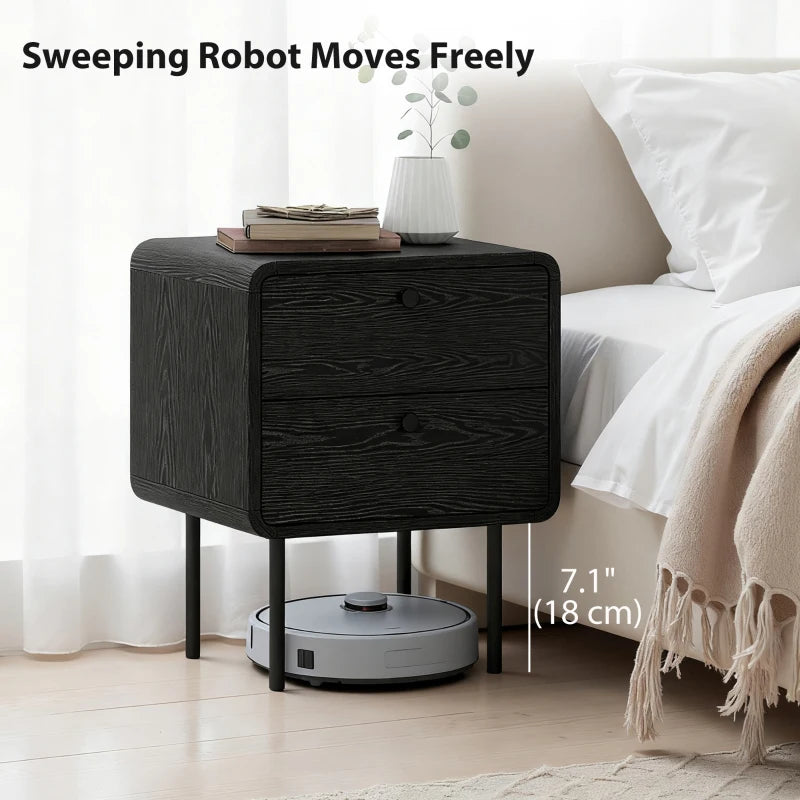 Modern Bedside Tables Set of 2, 2 Pieces Nightstands with 2 Storage Drawers and Steel Legs for Bedroom, Black Wood Grain