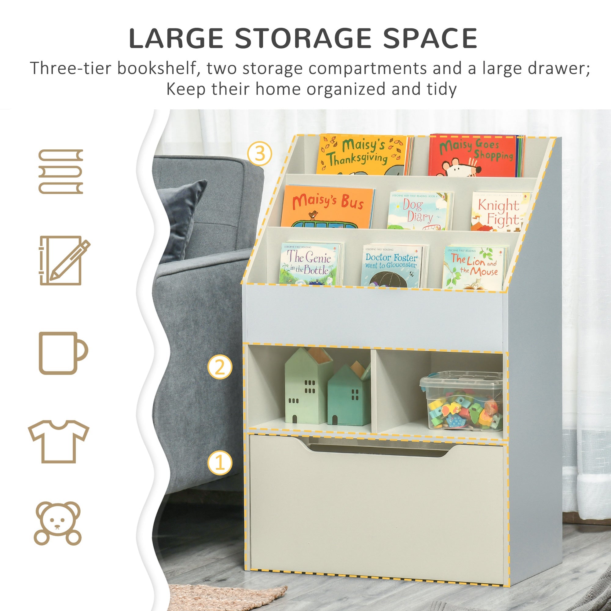 HOMCOM Kids Bookcase Multi Shelf Rack Organizer Storage Drawer Reading Nook Classroom Bedroom Playroom Grey