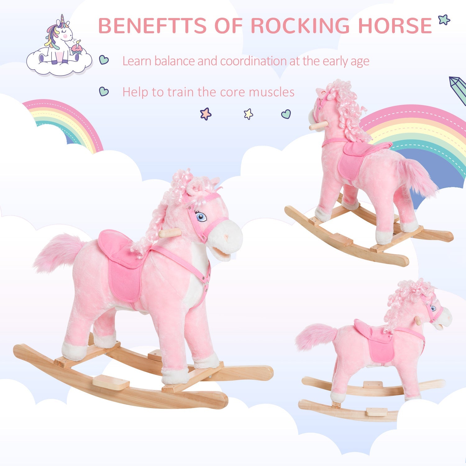 Qaba Kids Plush Rocking Horse Poney Child Ride On Toy Rocker w/ Realistic Sounds Pink