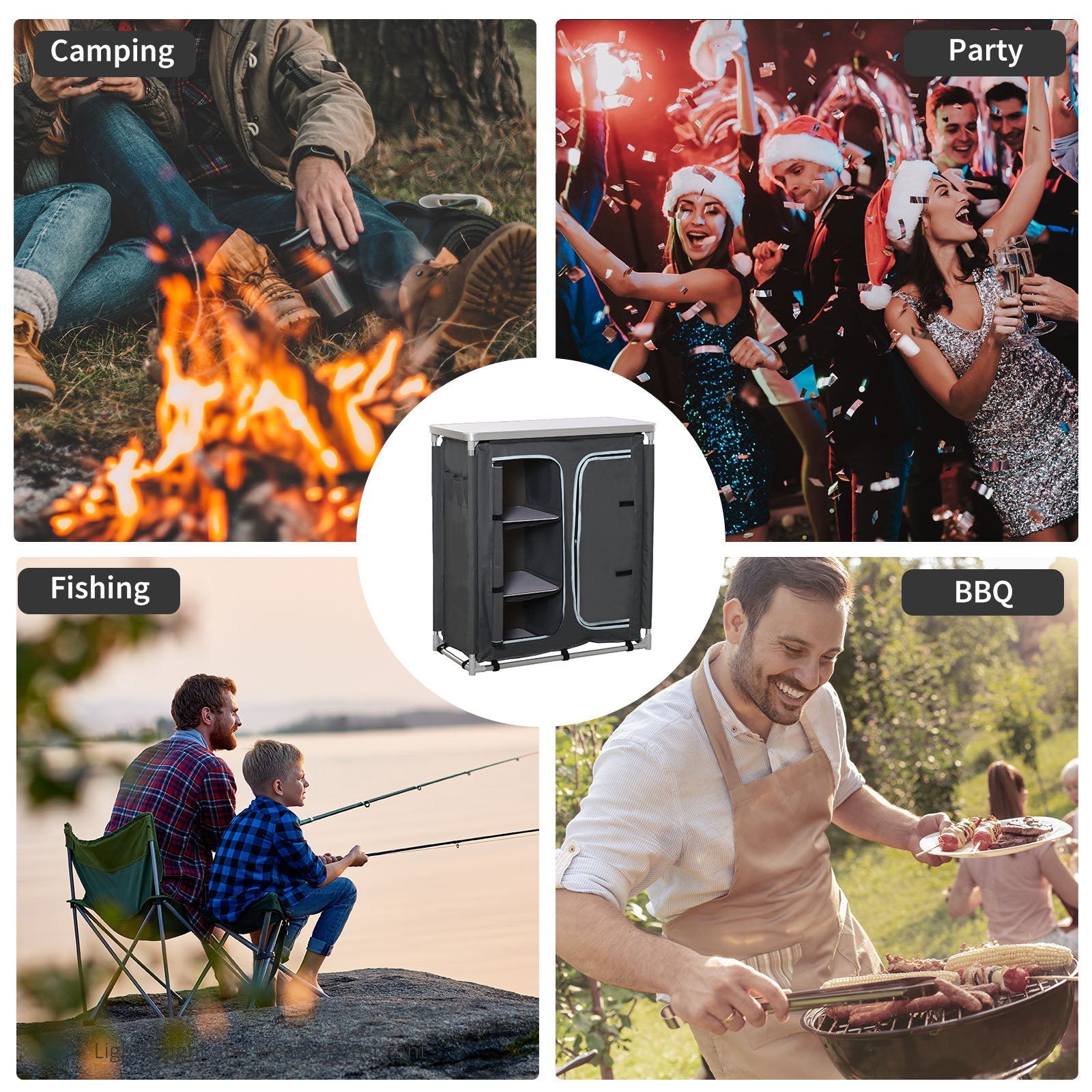 Outsunny Portable Camping Kitchen Table Aluminum BBQ Station with Storage Organizer 3-Shelf Cupboard for Outdoor Party Picnic Grey