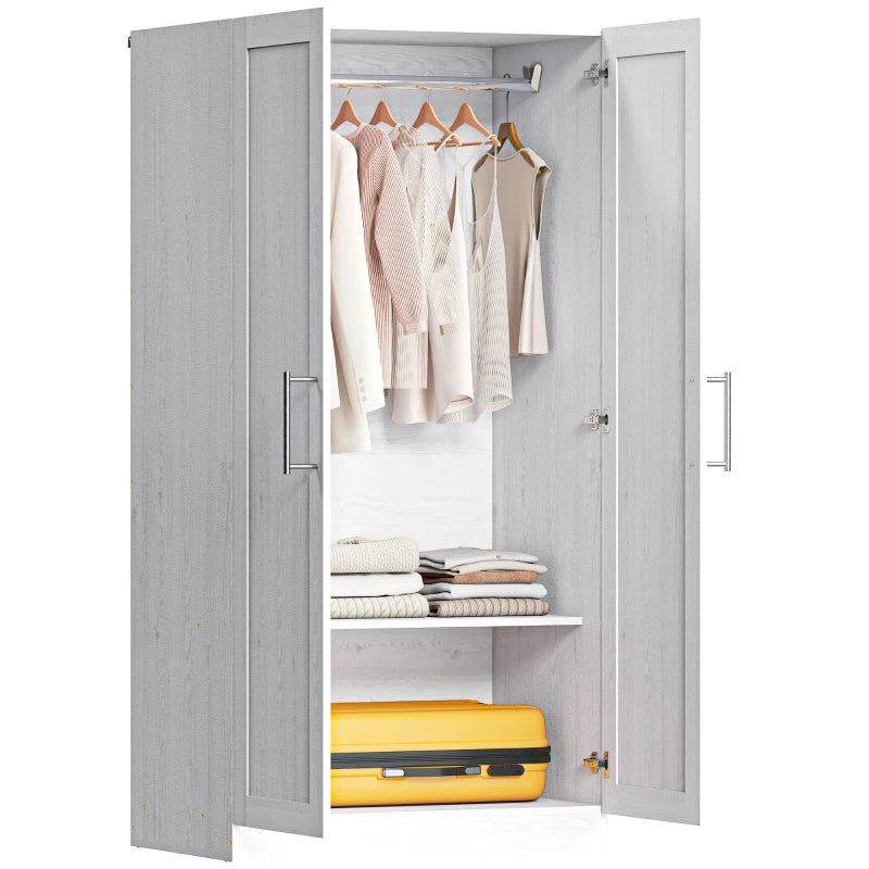 Wardrobe Cabinet with 2 Doors and Hanging Rod, Modern Armoire Wardrobe Closet for Bedroom, White Wood Effect
