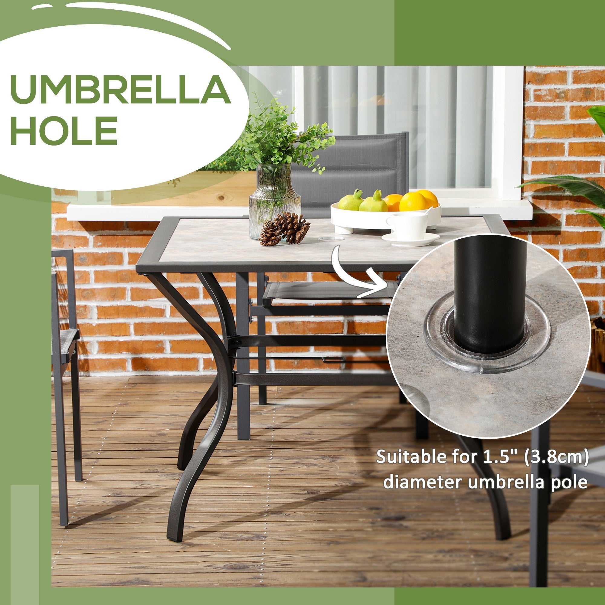 Outsunny Square Patio Table for 4 with Umbrella Hole, Φ1.5", Outdoor Stonewashed Dining Table with PC Board Table for Patio, Grey