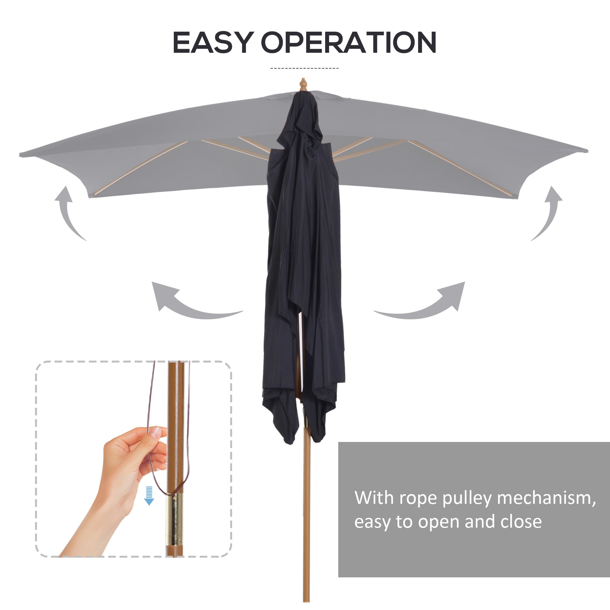 Outsunny 7x10FT Black Wooden Patio Umbrella Rectangle Garden Parasol Outdoor Sunshade Bamboo Ribs