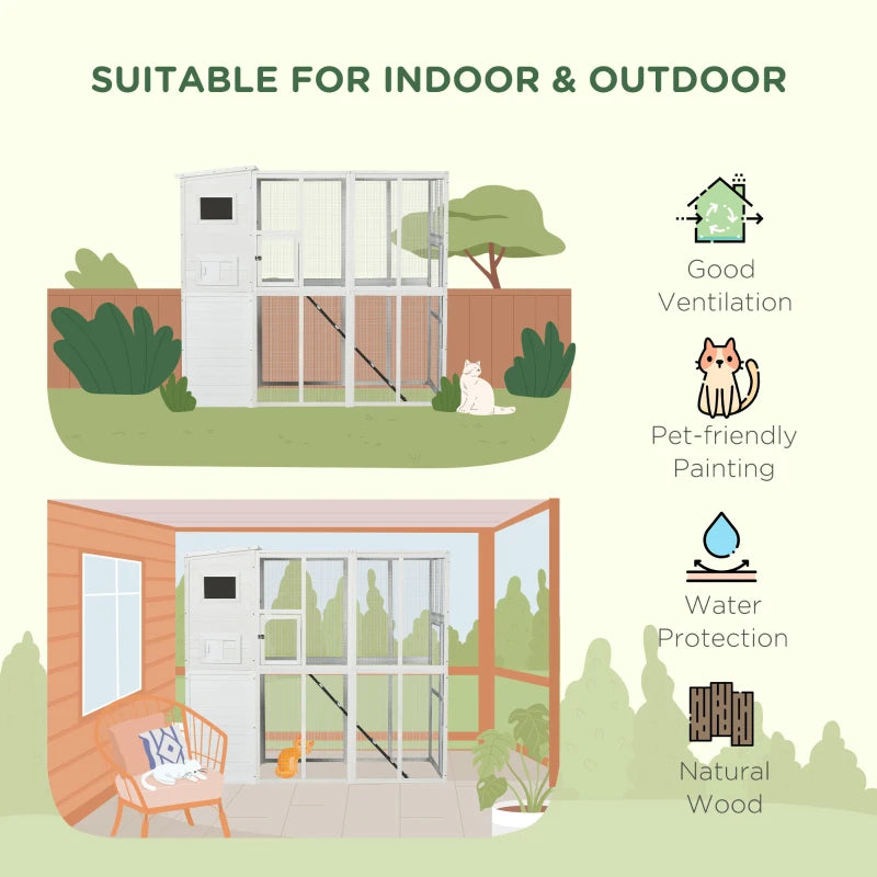PawHut 68.7" H Cat Cage Large Wooden Outdoor Cat House with Large Run for Play, Catio for Lounging, and Condo Area for Sleeping, White