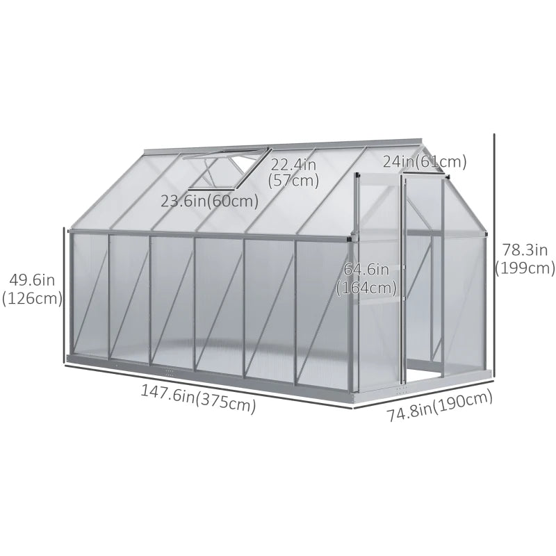Outsunny 6' x 12' x 6.5' Walk-in Greenhouse, Polycarbonate Greenhouse with Adjustable Roof Vent, Base, Sliding Door, Clear