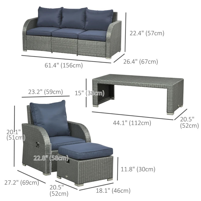 Outsunny Patio Furniture with Cushions, 6 Pieces PE Wicker Patio Sectional Furniture Conversation Set w/ a Three-Seat Sofa, 2 Recliner Chairs, 2 Footstools & Table, Dark Blue