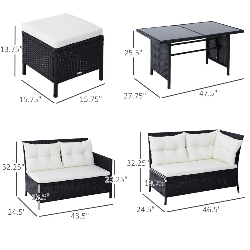 Outsunny 6pcs Outdoor Rattan Sofa Set Garden Wicker Sectional Couch Furniture Set with Dining Table and Chair White