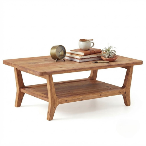 47" Solid Wood Coffee Table with 2-Tier Storage Shelf, Rustic Center Table for Living Room