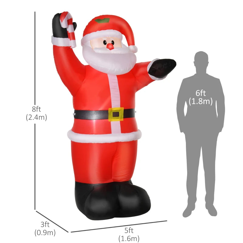 HOMCOM 8FT Inflatable Christmas Santa Claus with Candy Cane, LED Lighted Blow Up Outdoor Yard Decoration for Holiday Display