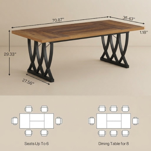 70.8" Dining Table, Rectangular Kitchen Table for 6–8 People with Trestle Base, Industrial Wood Dining Table Brown & White